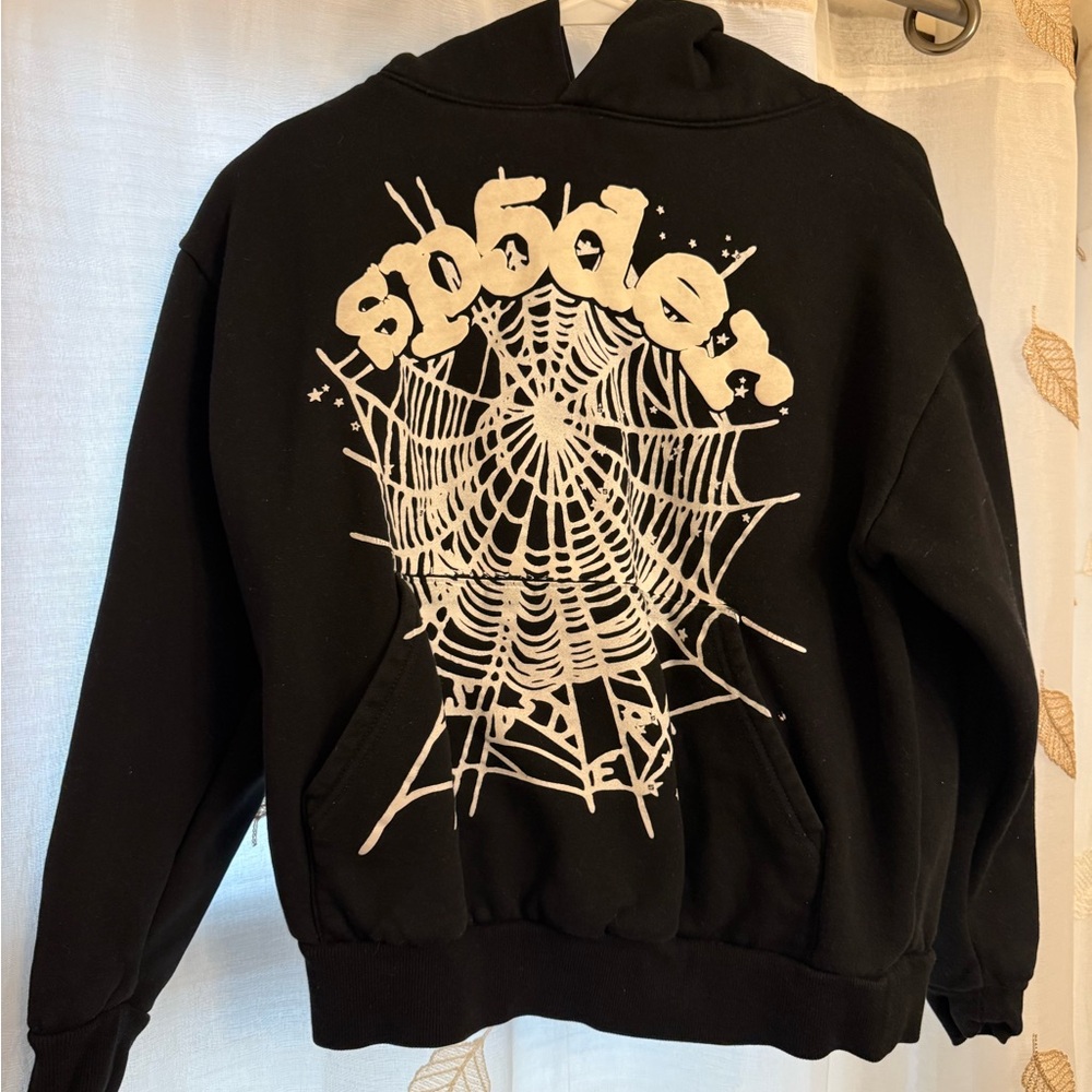 Black Zip-Up Hoodie with White Spiderweb Graphic